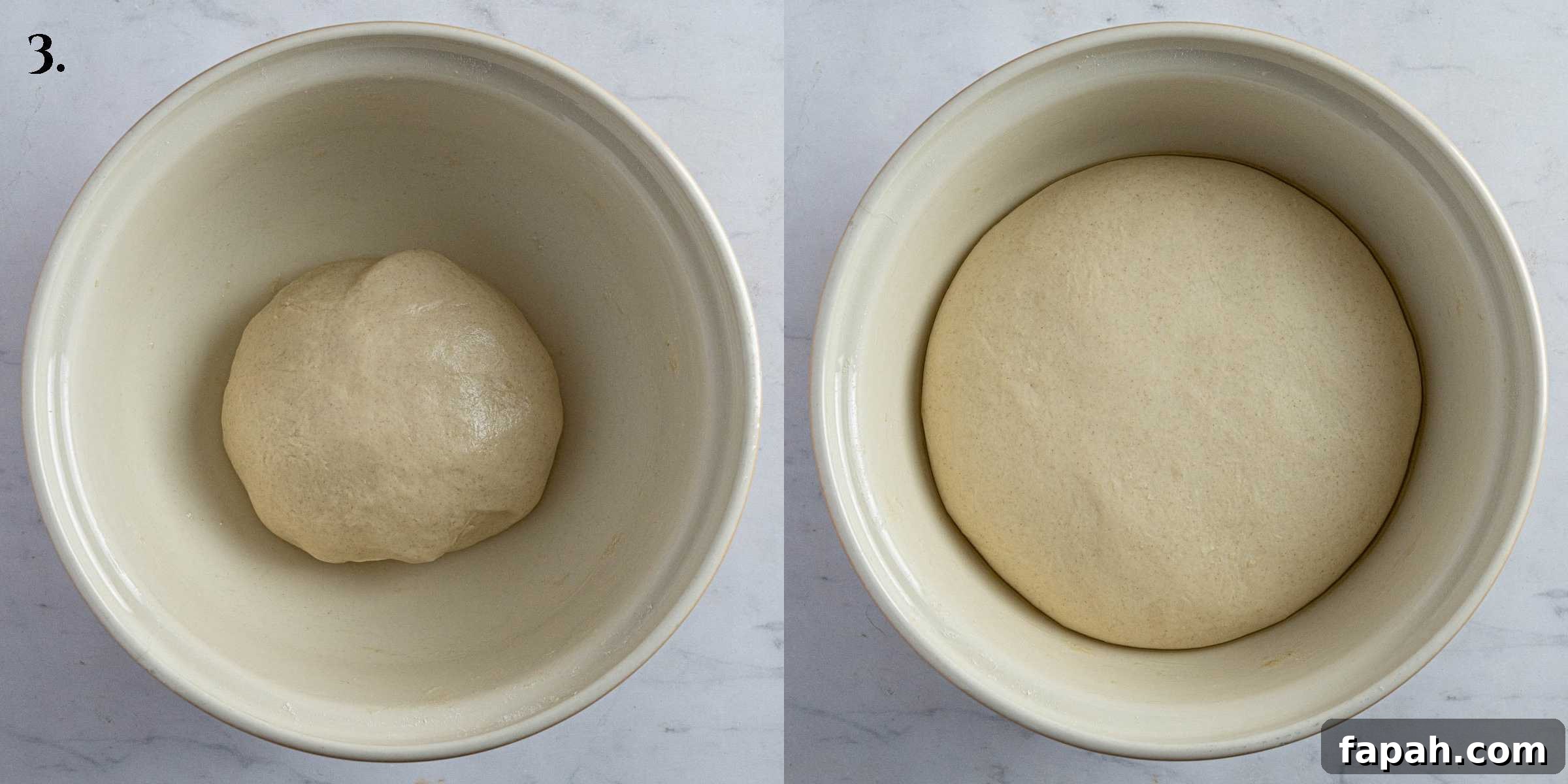 Step 3, a trwo image collage of the dough before and after rising.