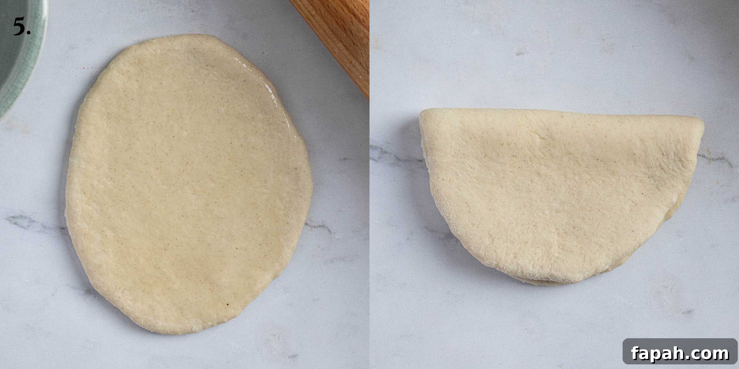 Step 5, a two image collage of the steps to shape the bao.