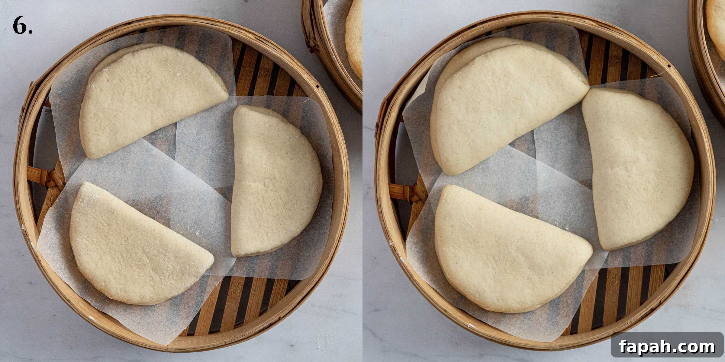 Step 6, a two image collage of the bao before and after rising.