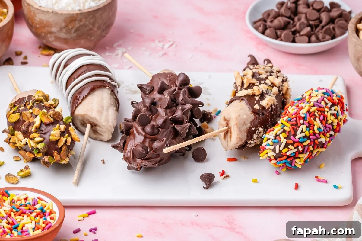 Frozen bananas on sticks, each coated with chocolate and various toppings including sprinkles, nuts, and chocolate chips, resting on a white tray.