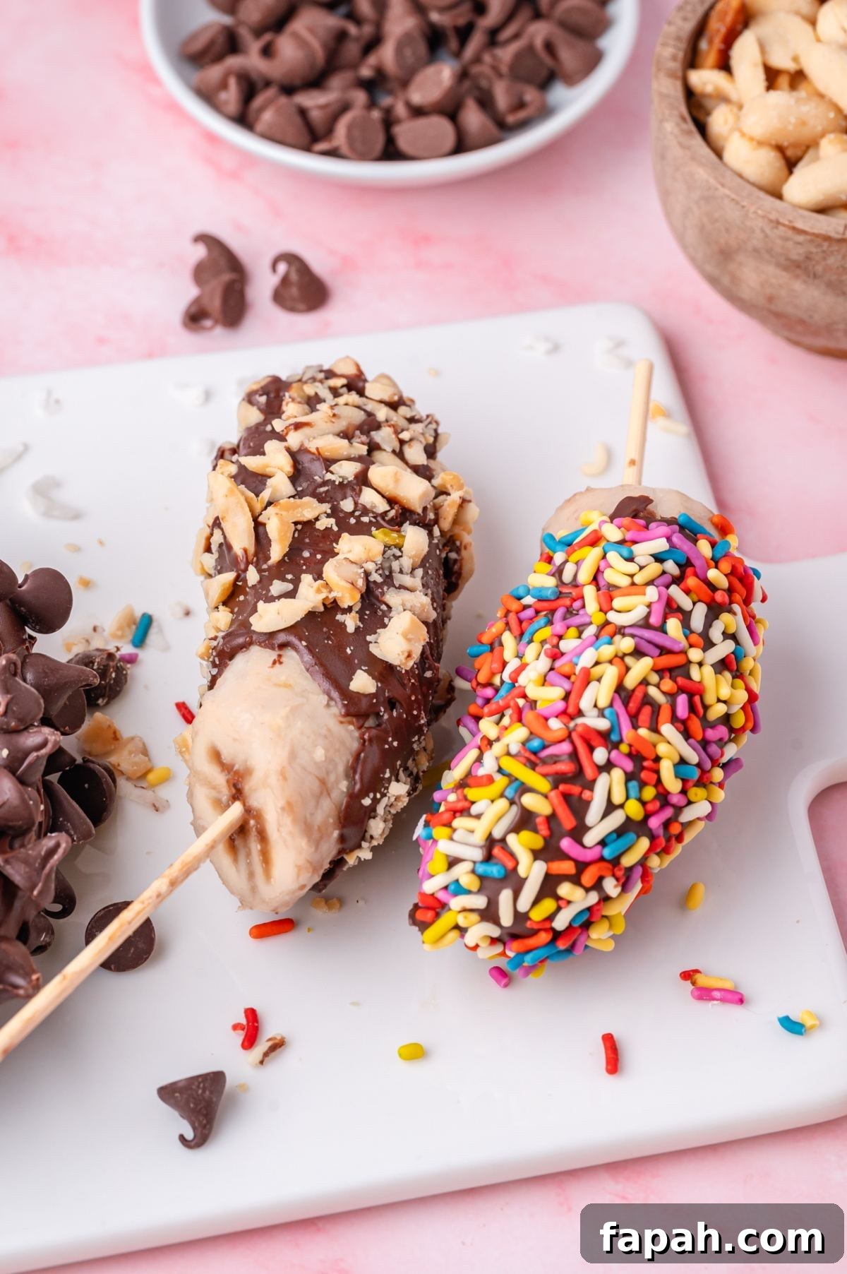 Two frozen banana skewers on a white cutting board; one coated in chocolate and nuts, the other in colorful sprinkles. Chocolate chips and nuts are in bowls nearby.