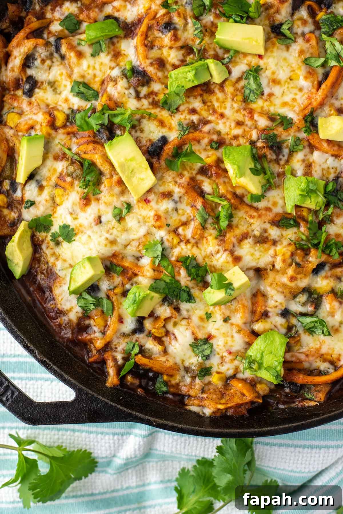 overhead shot of spiralized sweet potato enchilada skillet
