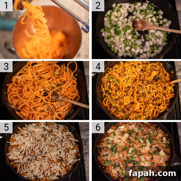 process shots of how to make spiralized sweet potato enchilada skillet