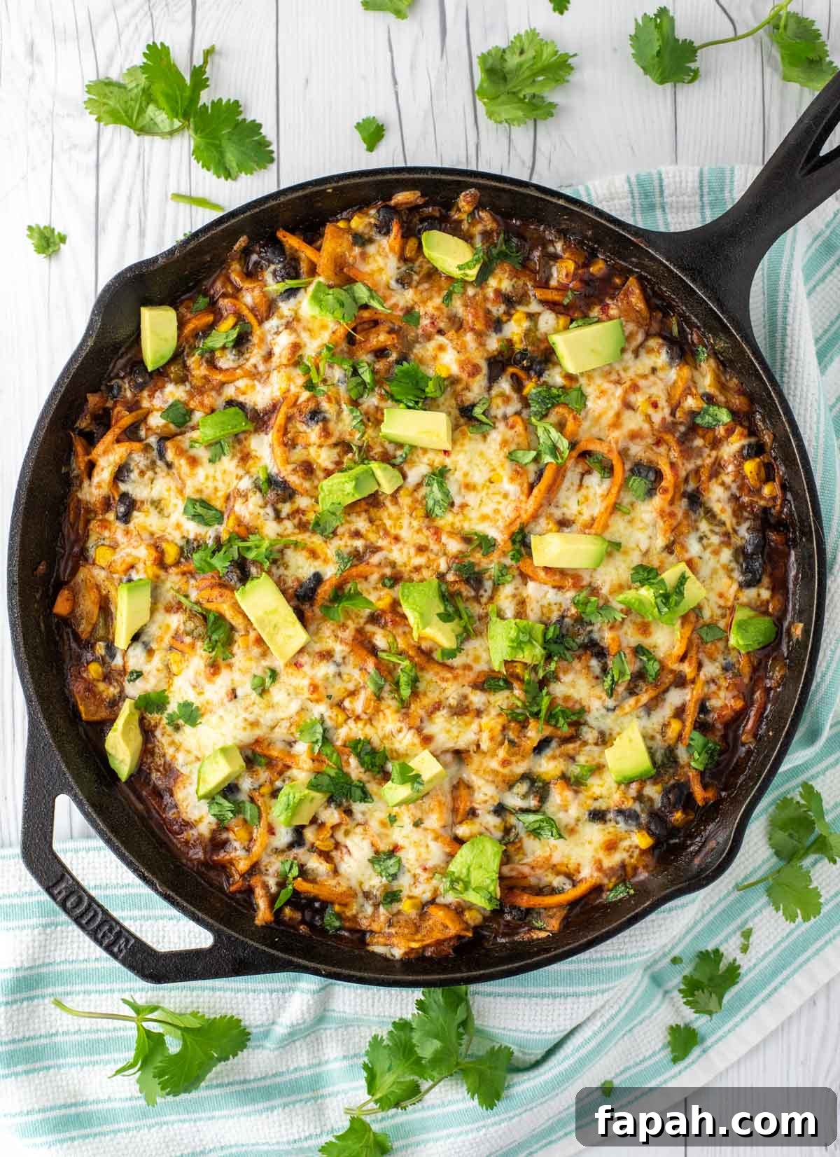 overhead shot of spiralized sweet potato enchilada skillet