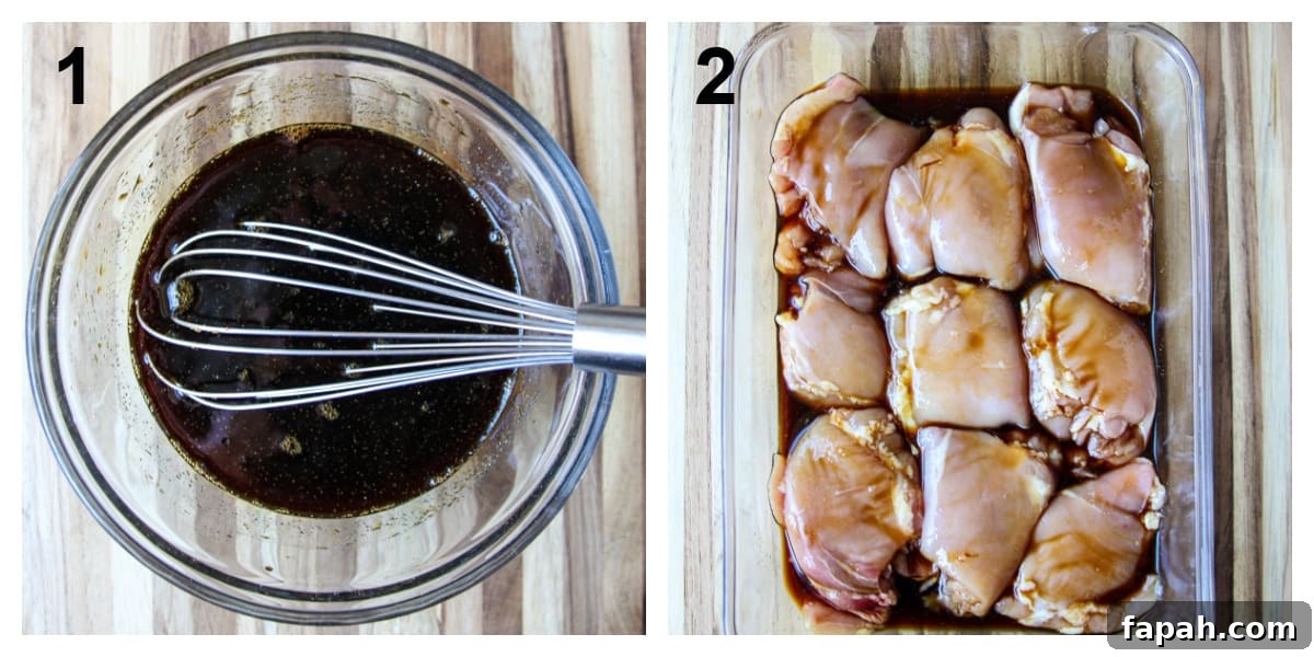The first two steps for making the teriyaki sauce and marinating the chicken.