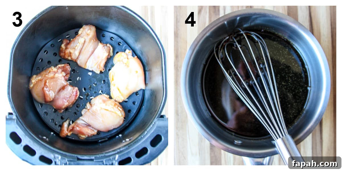 The chicken pieces being placed into the air fryer basket and the sauce being simmered.