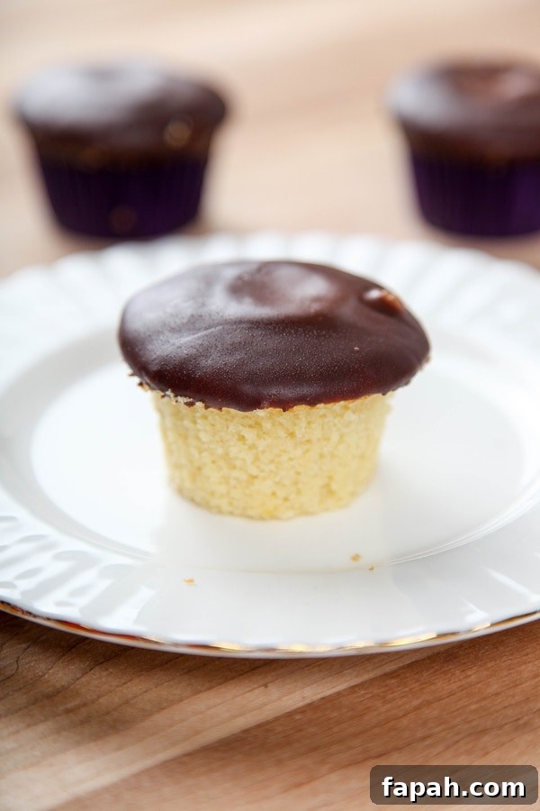 a cupcake on a white plate with gold edging with more cupcakes in the background.