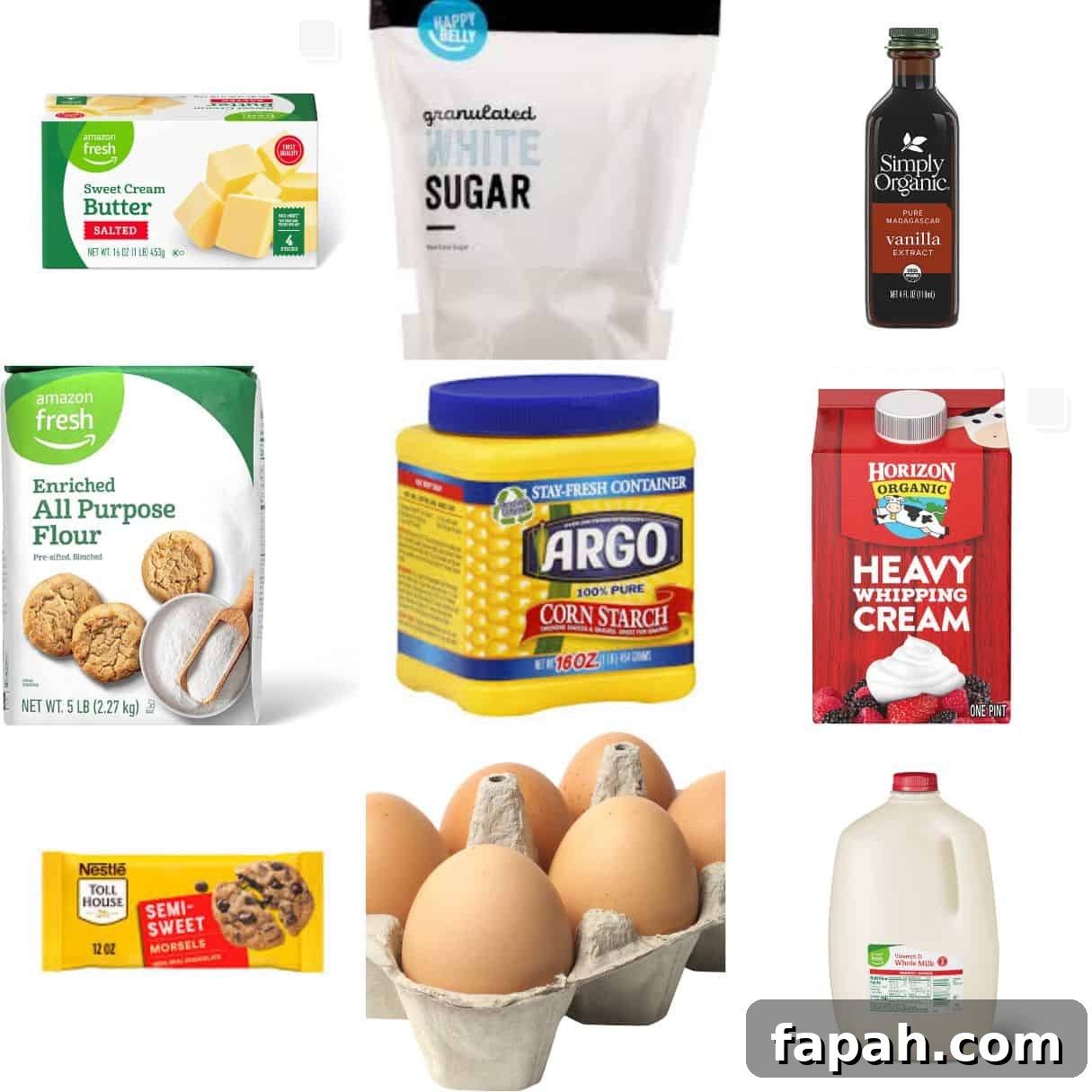 ingredients including butter, white sugar, vanilla, flour, cornstarch, heavy cream, and chocolate chips