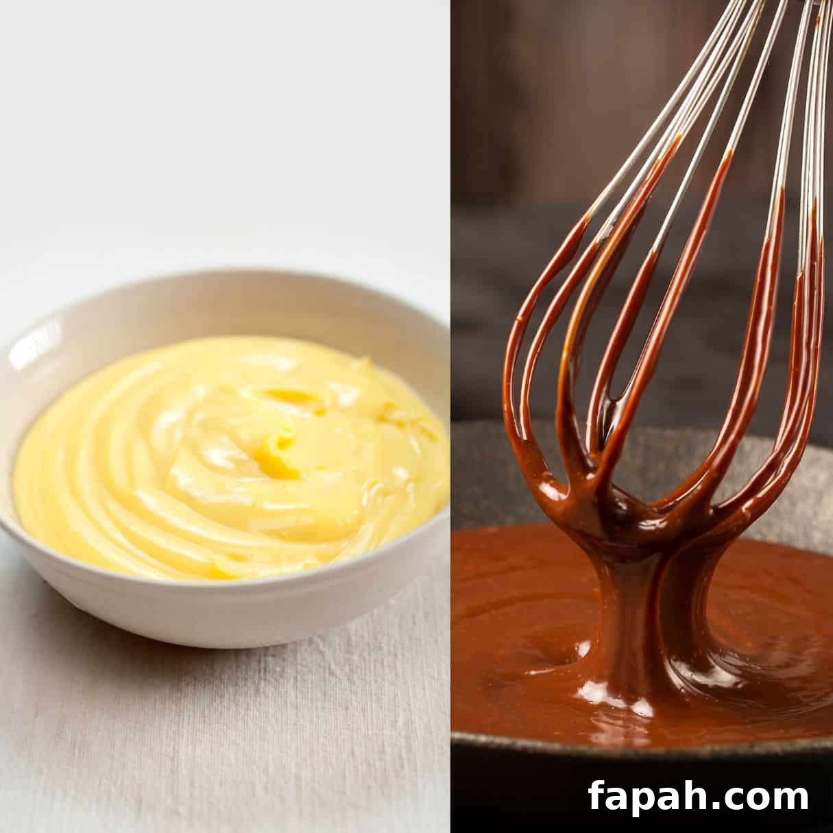 a bowl of pastry cream on the left and a whisk with chocolate ganache on the right. 