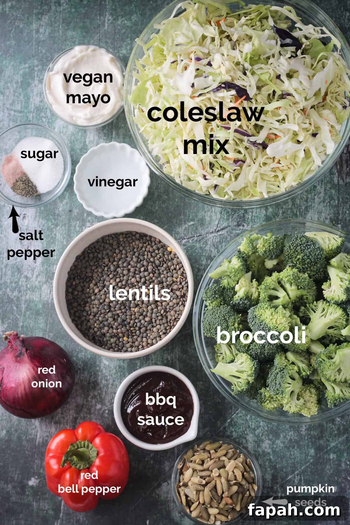 Recipe ingredients arrayed in individual bowls.