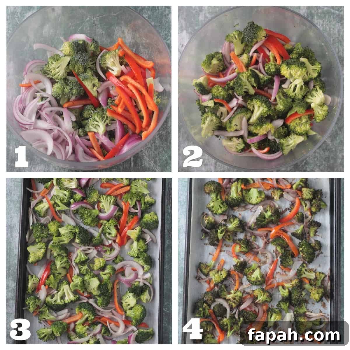 4 photo collage of prepping and roasting broccoli, peppers, and onion.