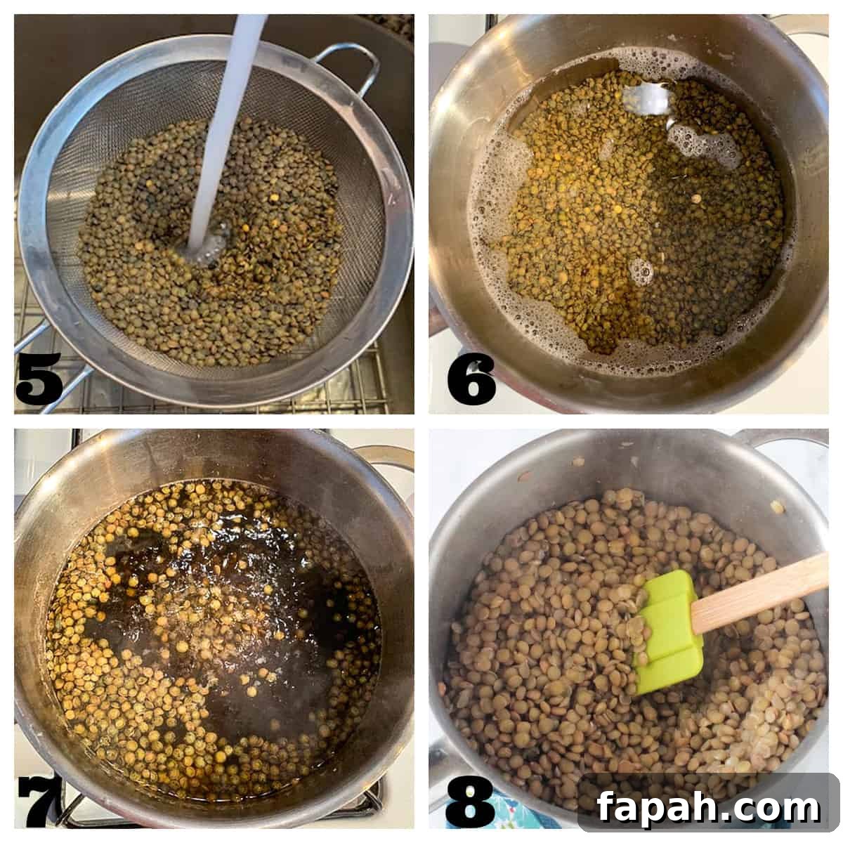 4 photo collage of rinsing and cooking lentils.