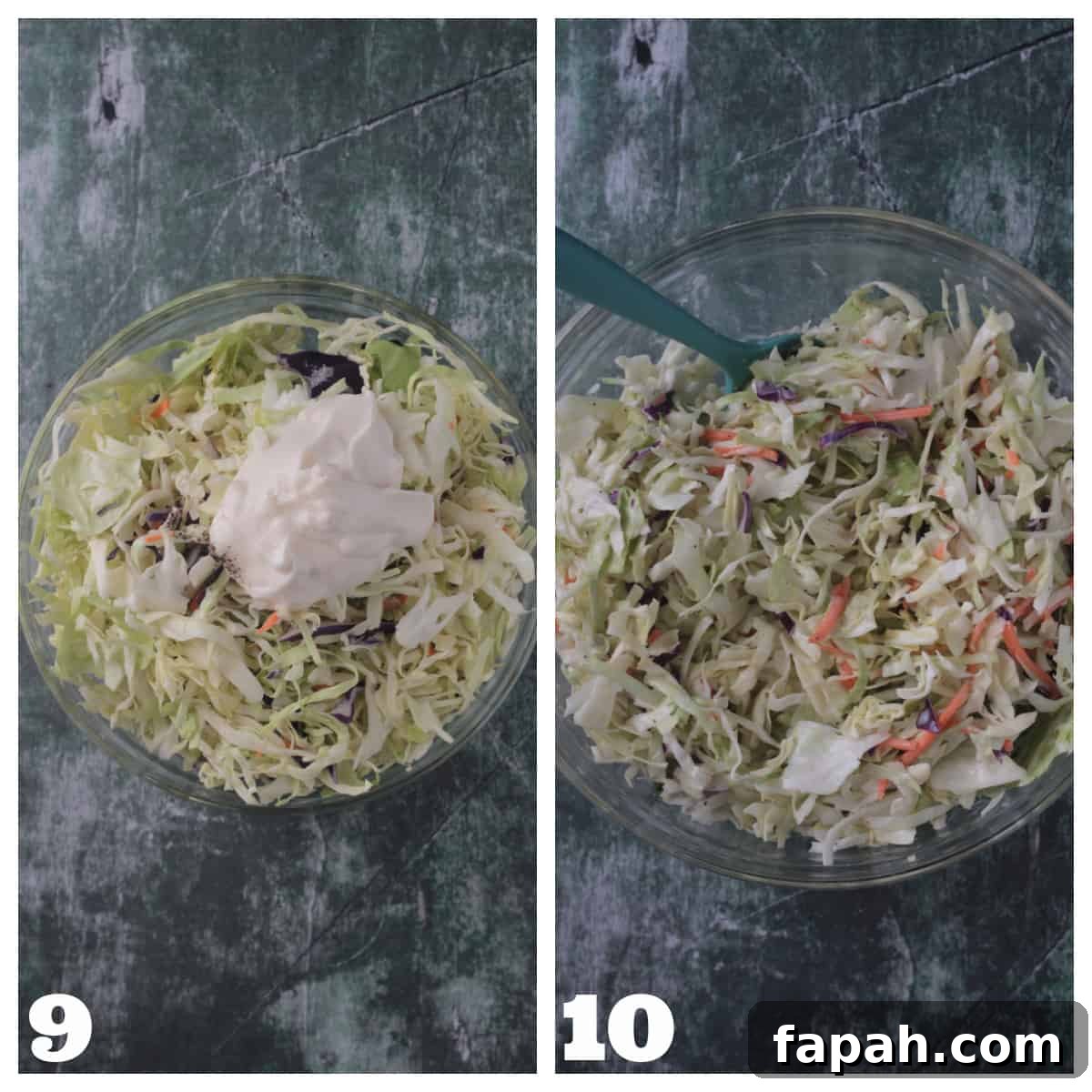 2 photo collage of making coleslaw.