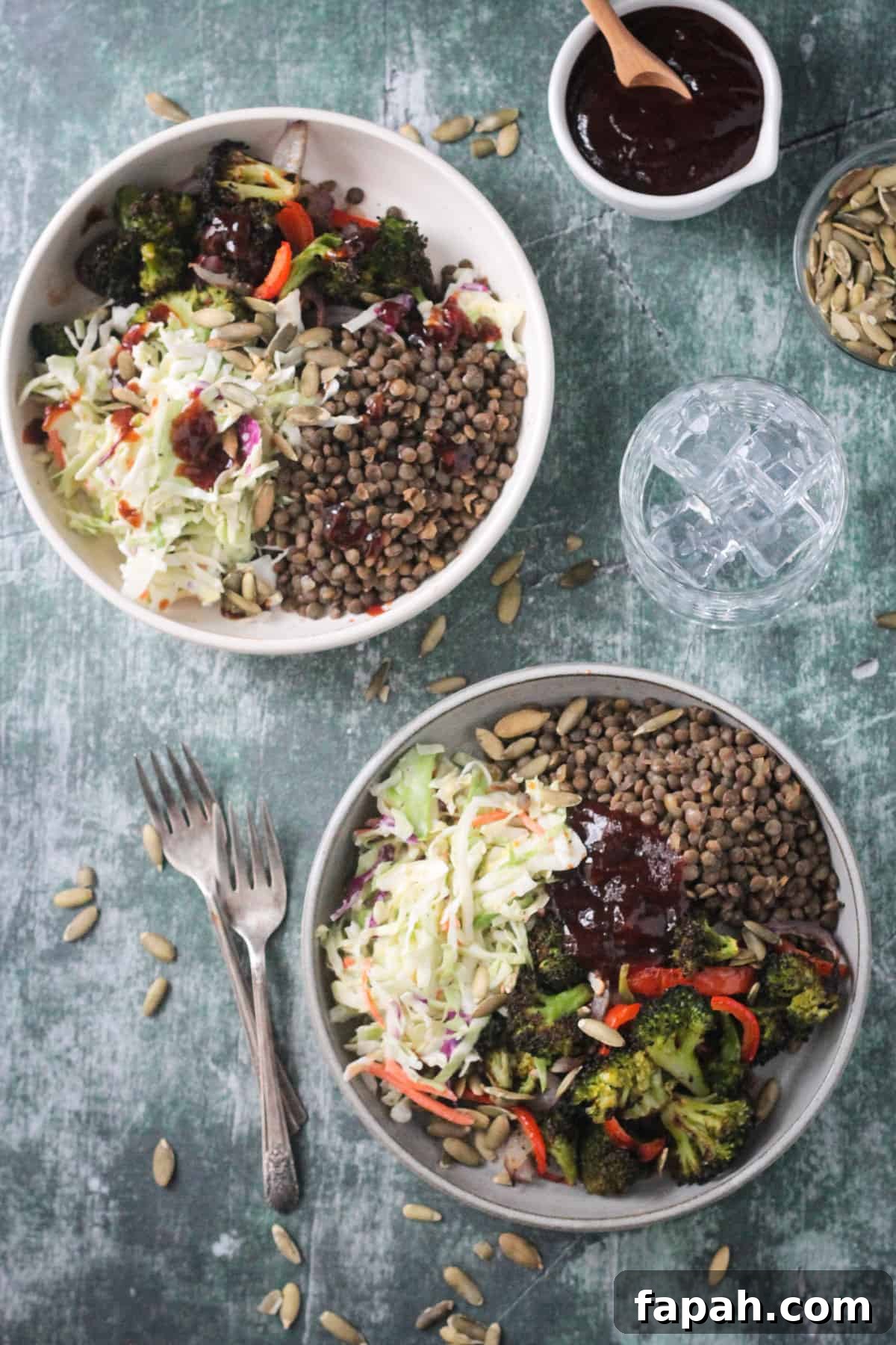 Two Lentil Power Bowls on a blue background.