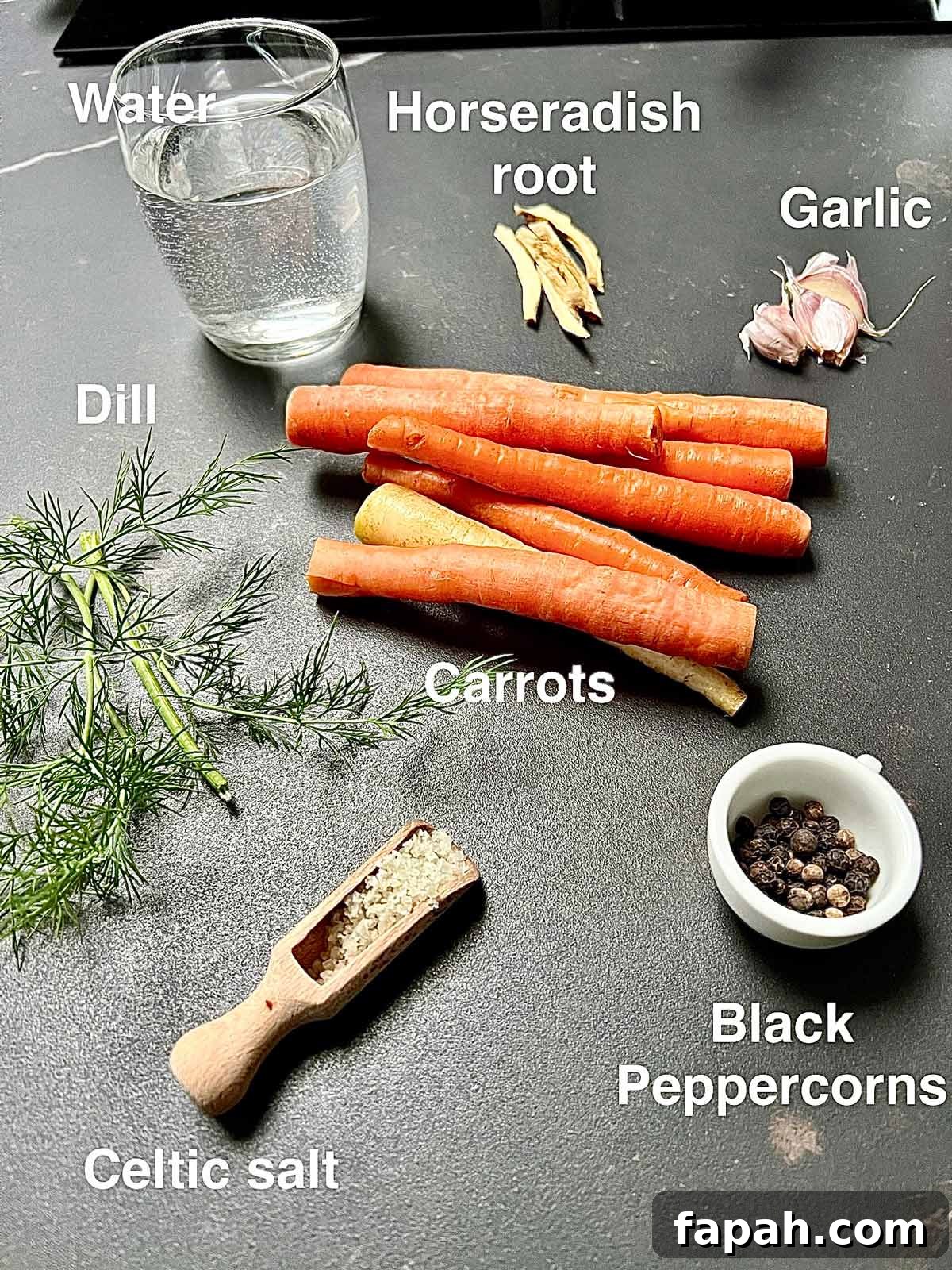 Ingredients needed for pickling carrots: horseradish, carrots, garlic, water, Peppercorns and Celtic salt.