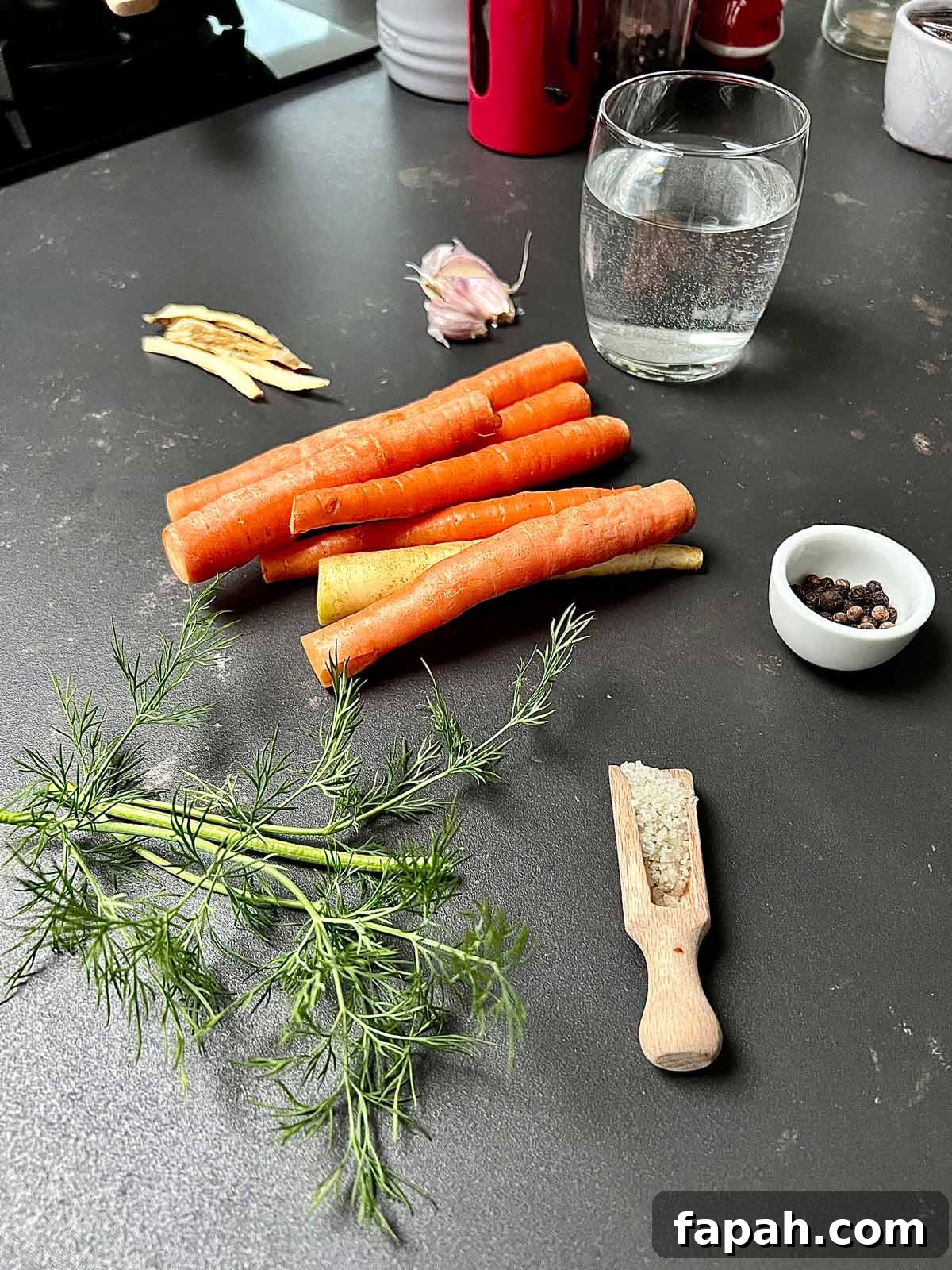 All the ingredients gathered to make pickled carrots.