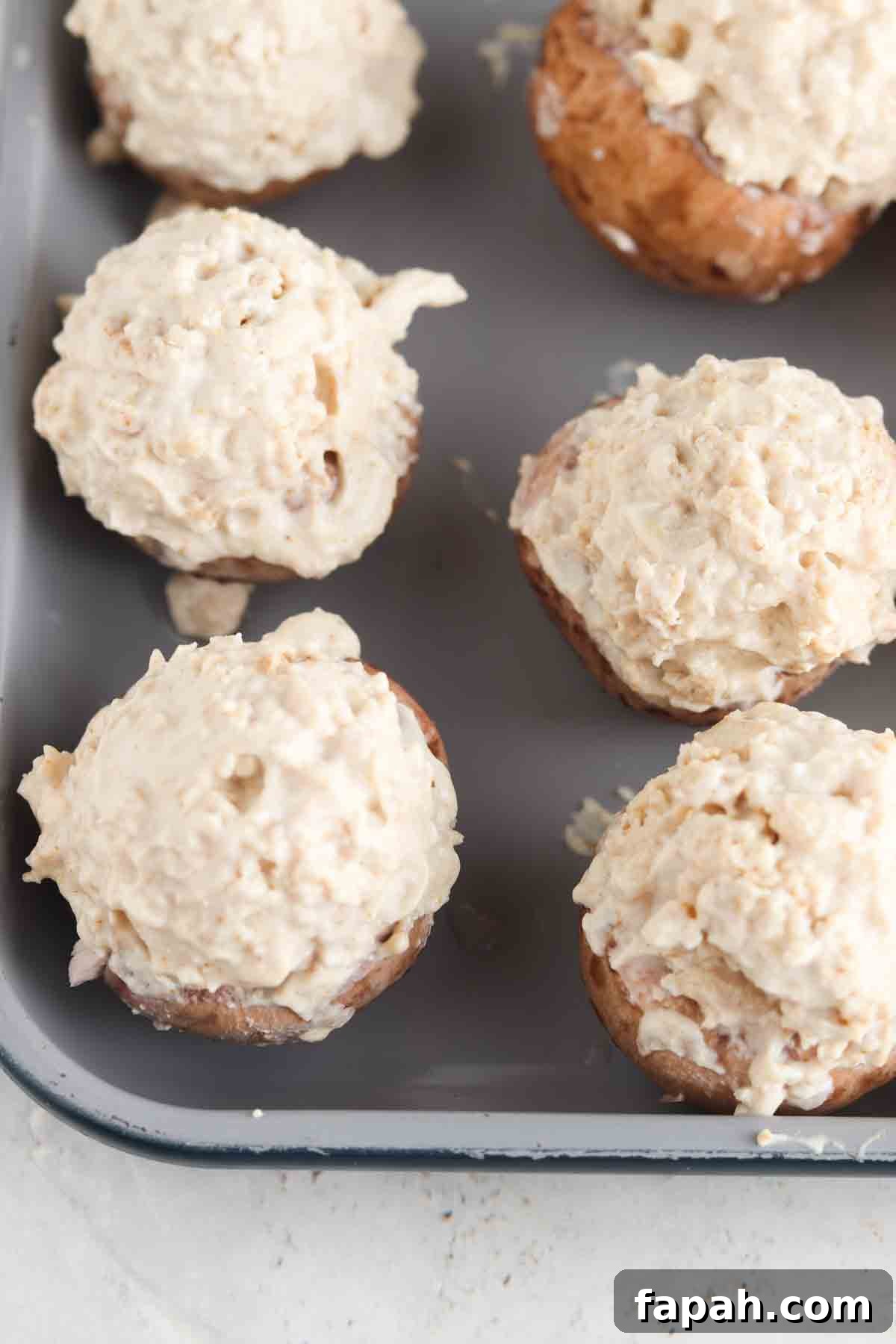 Mushrooms stuffed with a cream cheese chicken filling.