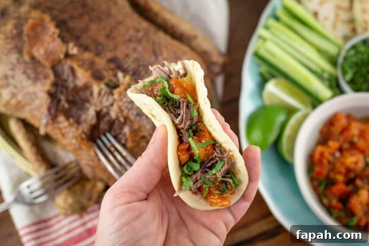 Womans hand holding homemade taco shell with colourful veggies and shredded crispy roast duck