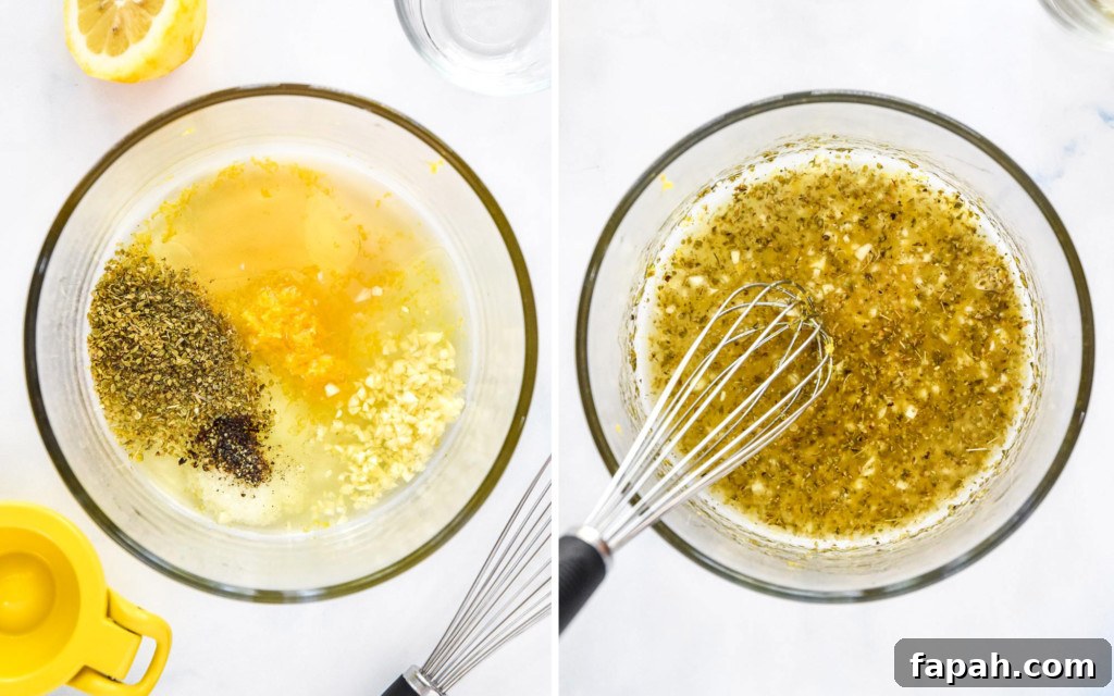 lemon olive oil marinade for chicken before and after stirring.