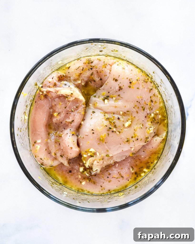 chicken breasts in a greek marinade with lemon and olive oil.