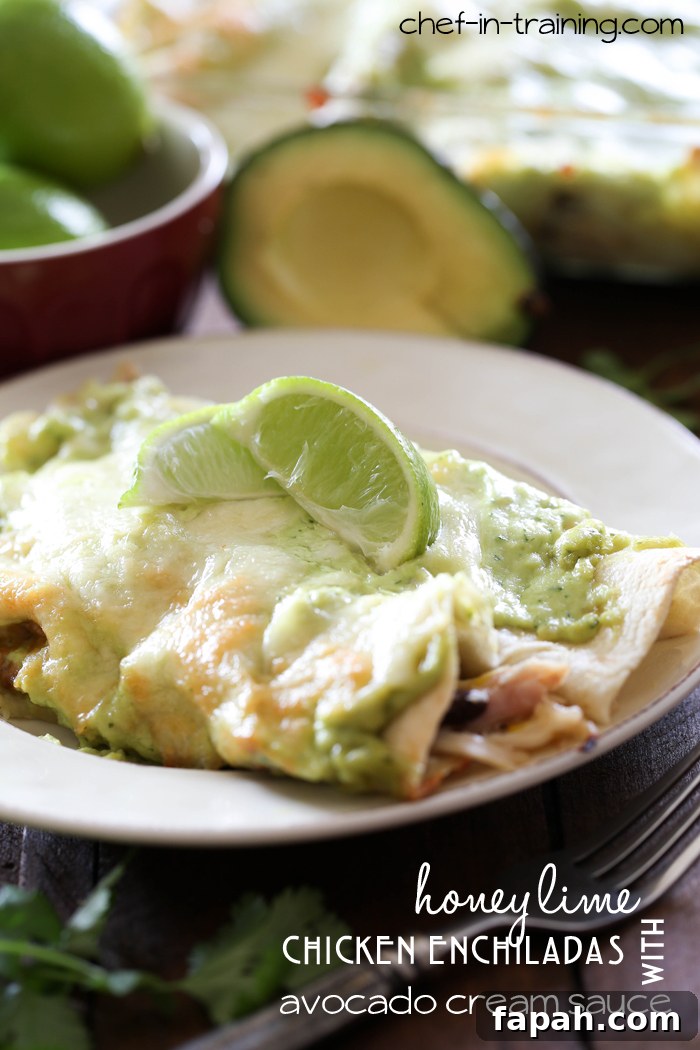Honey-Lime Chicken Enchiladas with Avocado Cream Sauce 3 Honey Lime Chicken Enchiladas with Avocado Cream Sauce