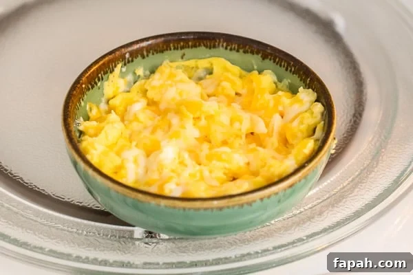 Cheesy Microwave Scrambled Eggs in 2 Minutes 7 Cheese melted on top of scrambled eggs in microwave