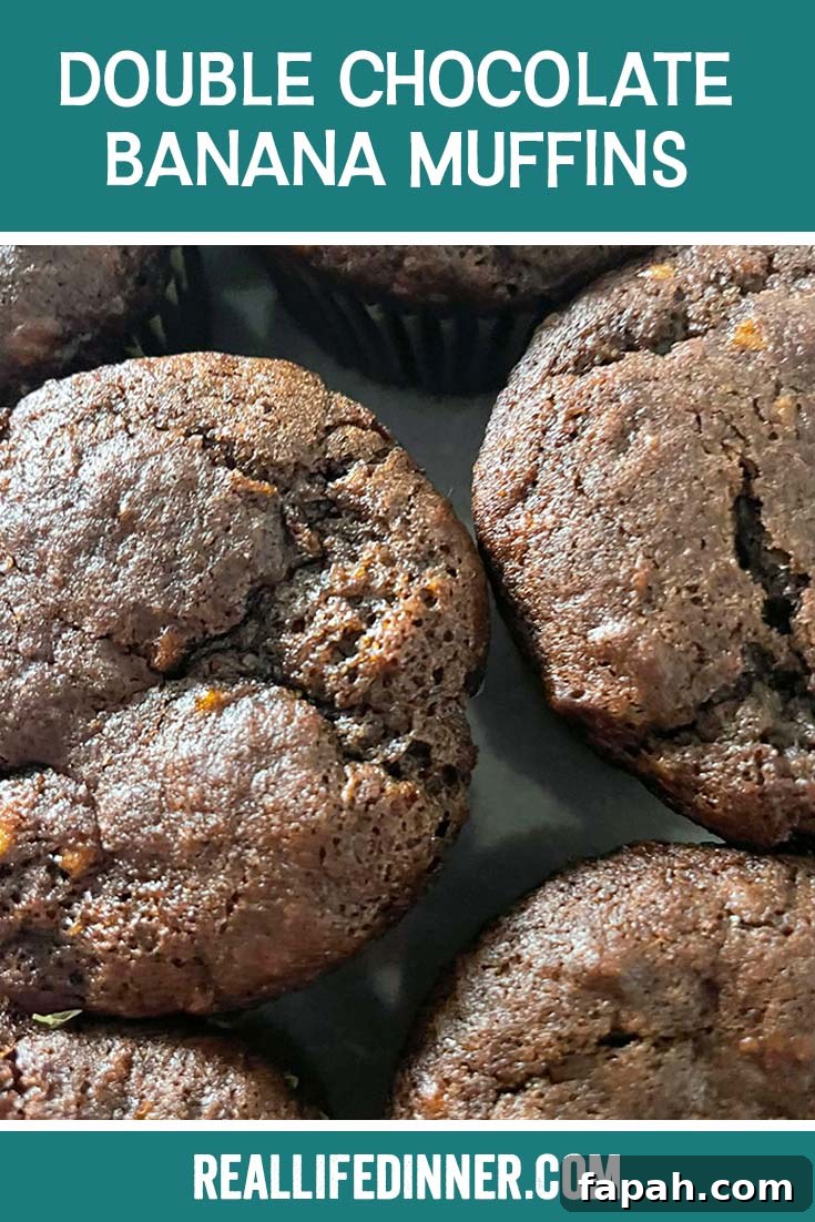 Pinterest picture of double chocolate banana muffins with the text of the title at the top.