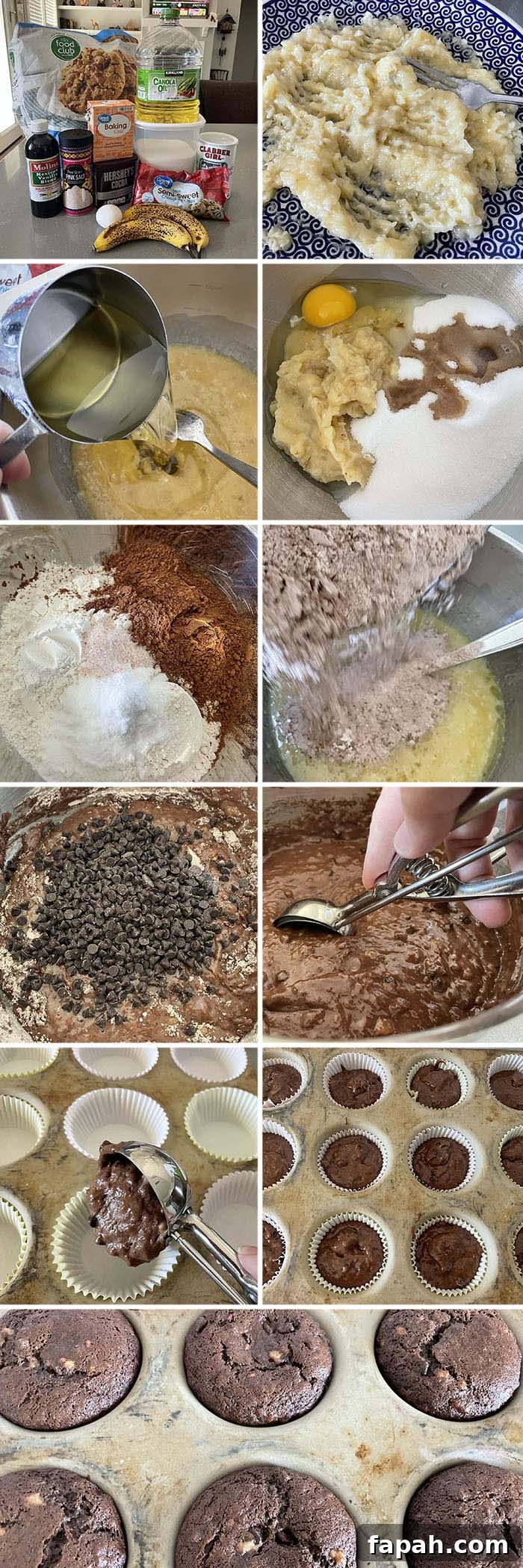 11-photo picture collage of step-by-step photos of how to make double chocolate banana muffins.