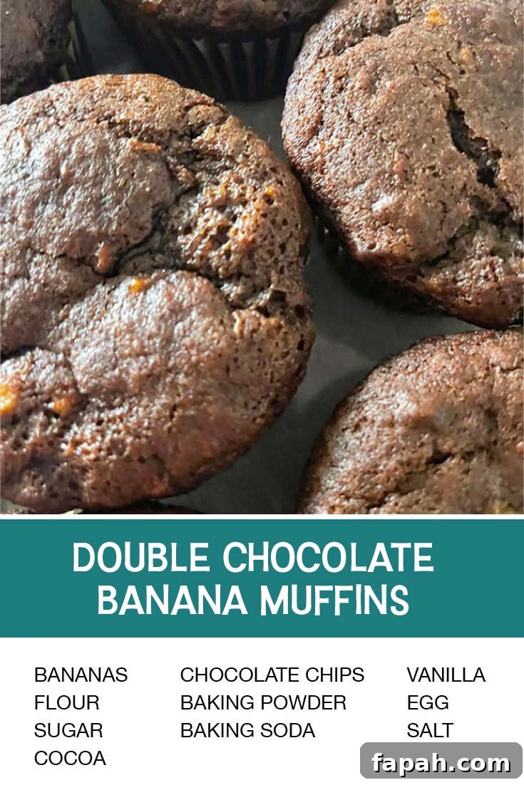 Pinterest picture of double chocolate banana muffins with the text of the ingredients at the bottom and the text of the title above the ingredients list.