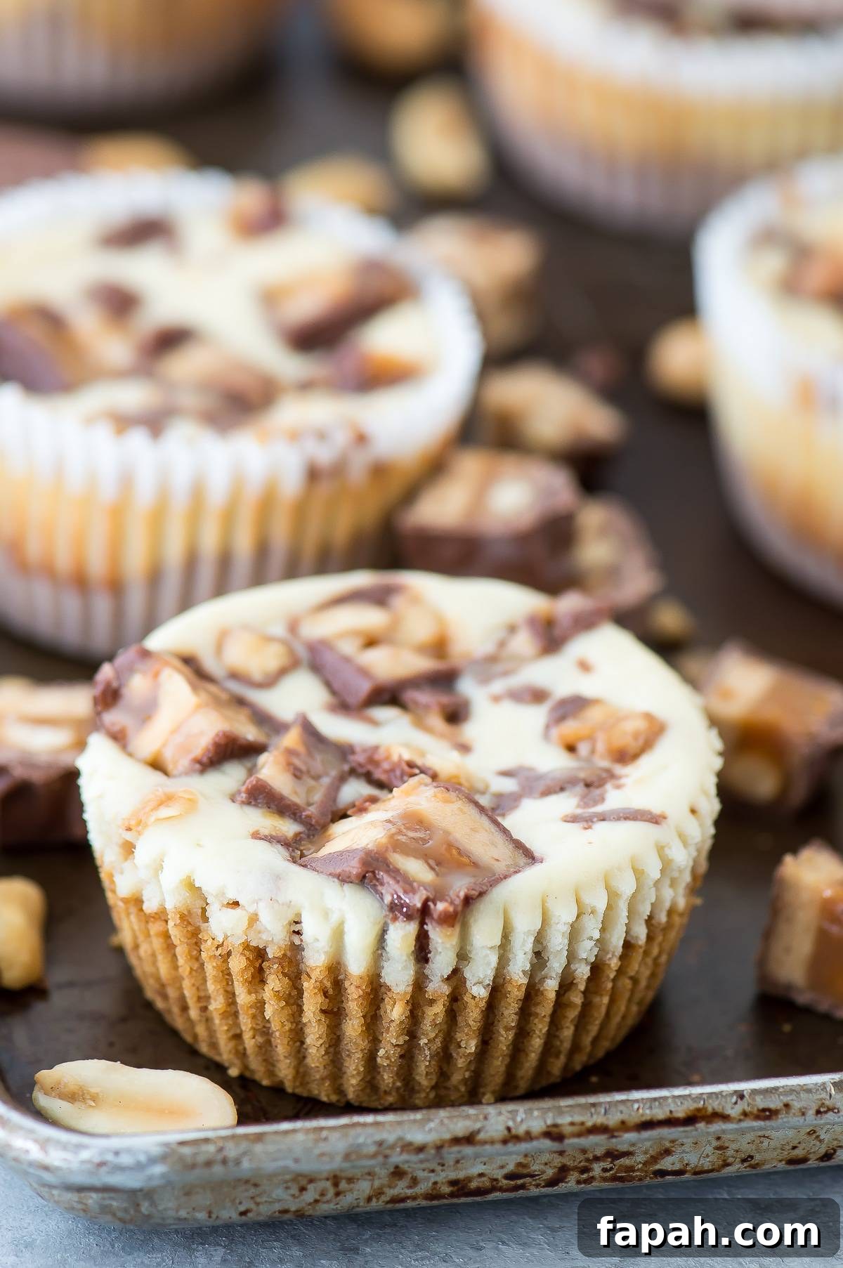 Mini Snickers Cheesecakes: Bite-Sized Candy Bar Desserts 2 mini snicker’s cheesecake on dark metal pan