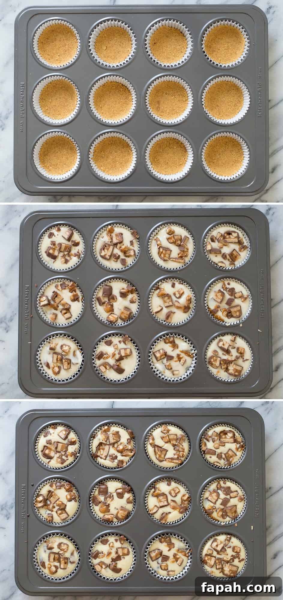 Mini Snickers Cheesecakes: Bite-Sized Candy Bar Desserts 5 collage image how to bake mini snickers cheesecakes in muffin pan