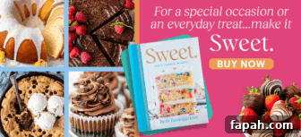 Mini Snickers Cheesecakes: Bite-Sized Candy Bar Desserts 8 A cookbook titled Sweet by Beth Baumgartner is surrounded by images of cakes, cookies, cupcakes, and chocolate-dipped strawberries. Text reads: For a special occasion or an everyday treat...make it Sweet. BUY NOW.