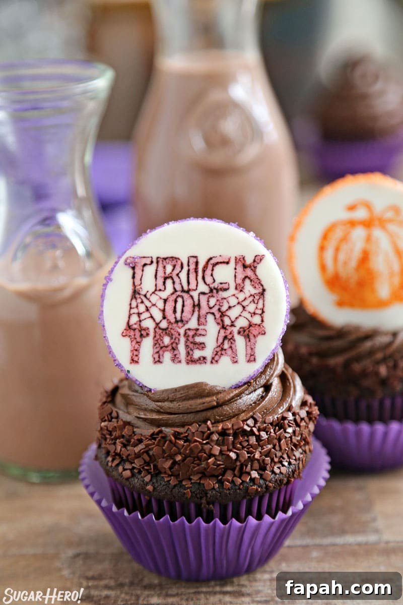 Stamped Halloween Cupcakes - chocolate cupcake with chocolate frosting and a "Trick or Treat" fondant plaque | From SugarHero.com