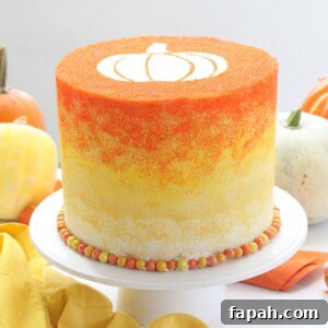 Stenciled Halloween Sprinkle Cake on a white cake stand with pumpkins in the background.