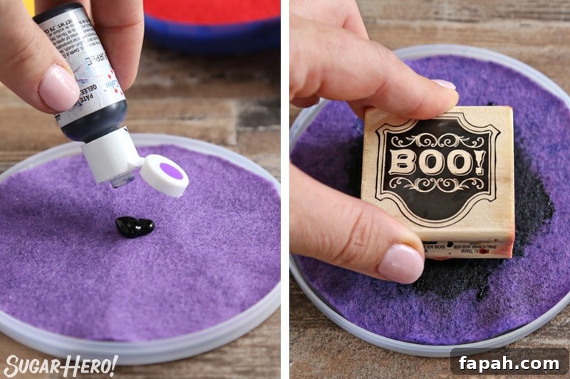 Stamped Halloween Cupcakes - making edible ink pads out of felt, and using food coloring to make edible stamps | From SugarHero.com