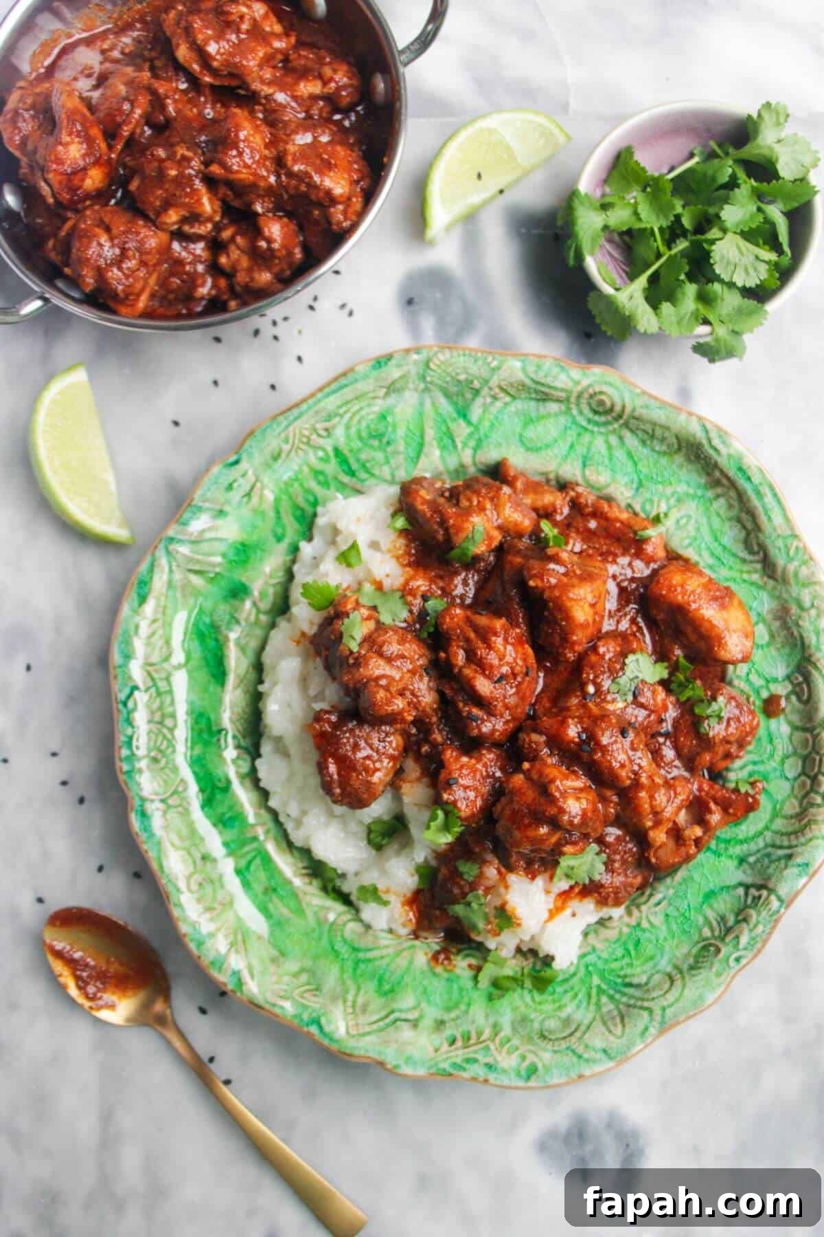 Chicken rogan josh on a bed of white rice on a green plate, with more curry in a small silver dish on the side.
