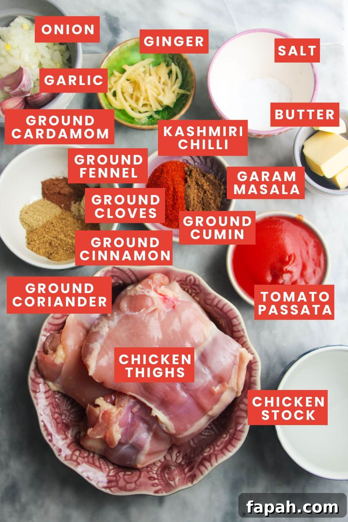 Ingredients for chicken rogan josh laid out on a grey marble background and labelled.