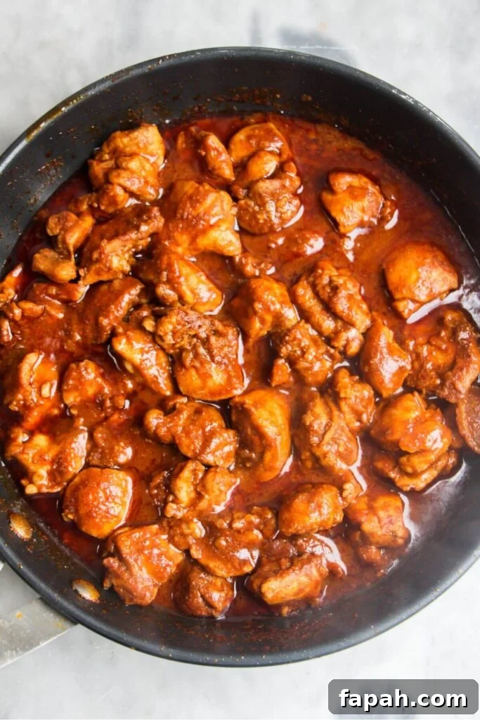 Chicken rogan josh thickening in a small frying pan.