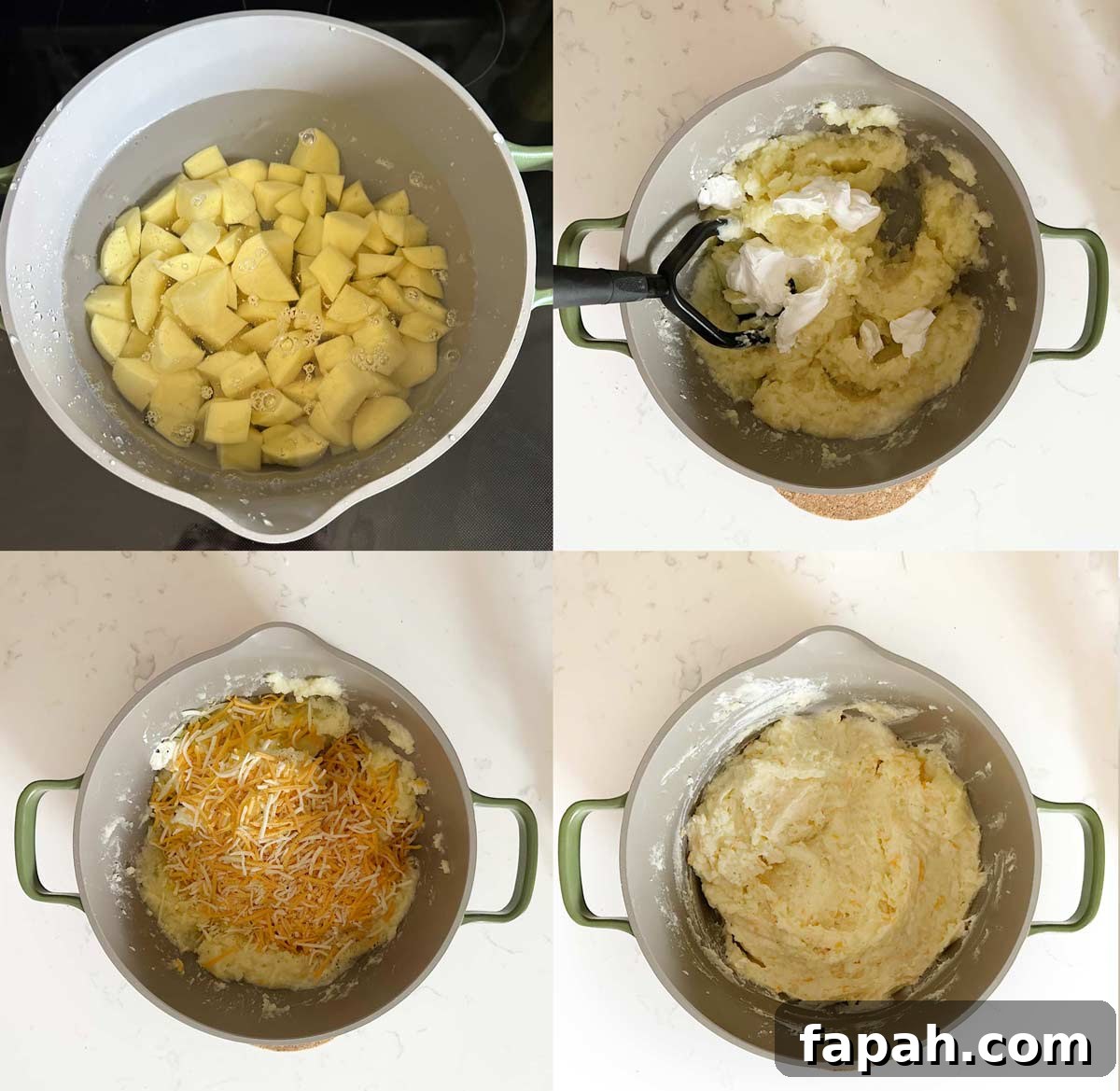 A collage of photos showing how to make cheesy mashed potatoes.