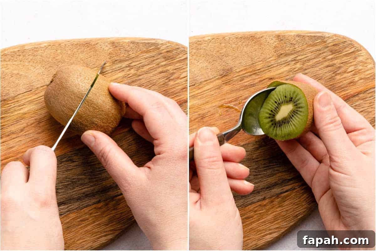 cutting kiwi in half and scooping out kiwi with spoon
