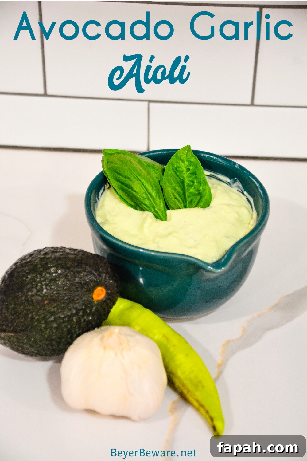 Avocado garlic aioli is a simple aioli made in the food processor with avocado, basil, mayonnaise, garlic, shallots, and lemon juice.