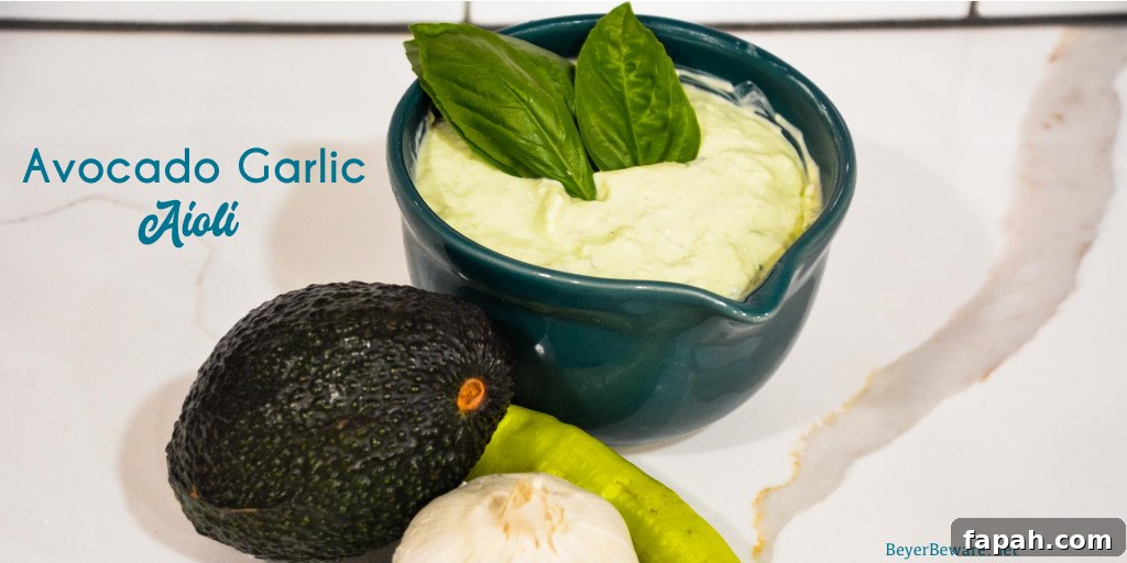 Avocado garlic aioli is a simple aioli made in the food processor with avocado, basil, mayonnaise, garlic, shallots, and lemon juice.