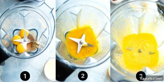 Step by step photos on how to make Hollandaise sauce in a blender.