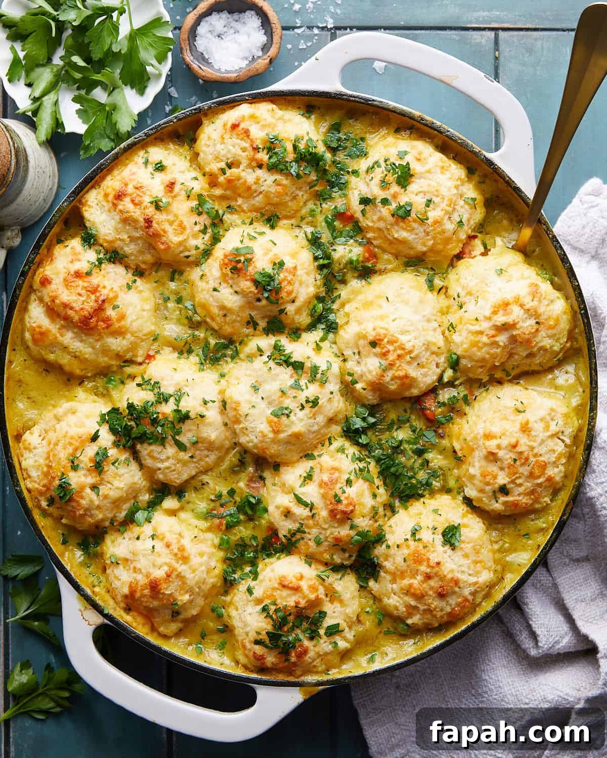 Overhead image of dutch oven chicken pot pie with biscuits. 