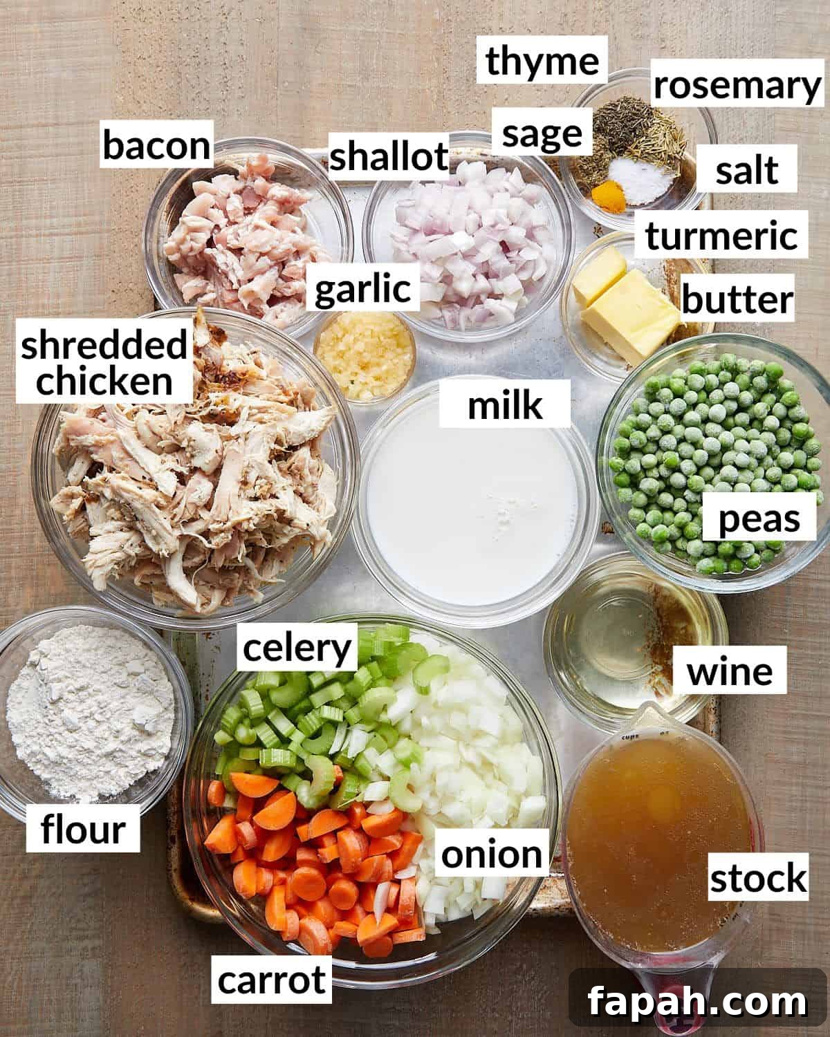 Overhead image of ingredients needed to make the filling for chicken pot pie. 