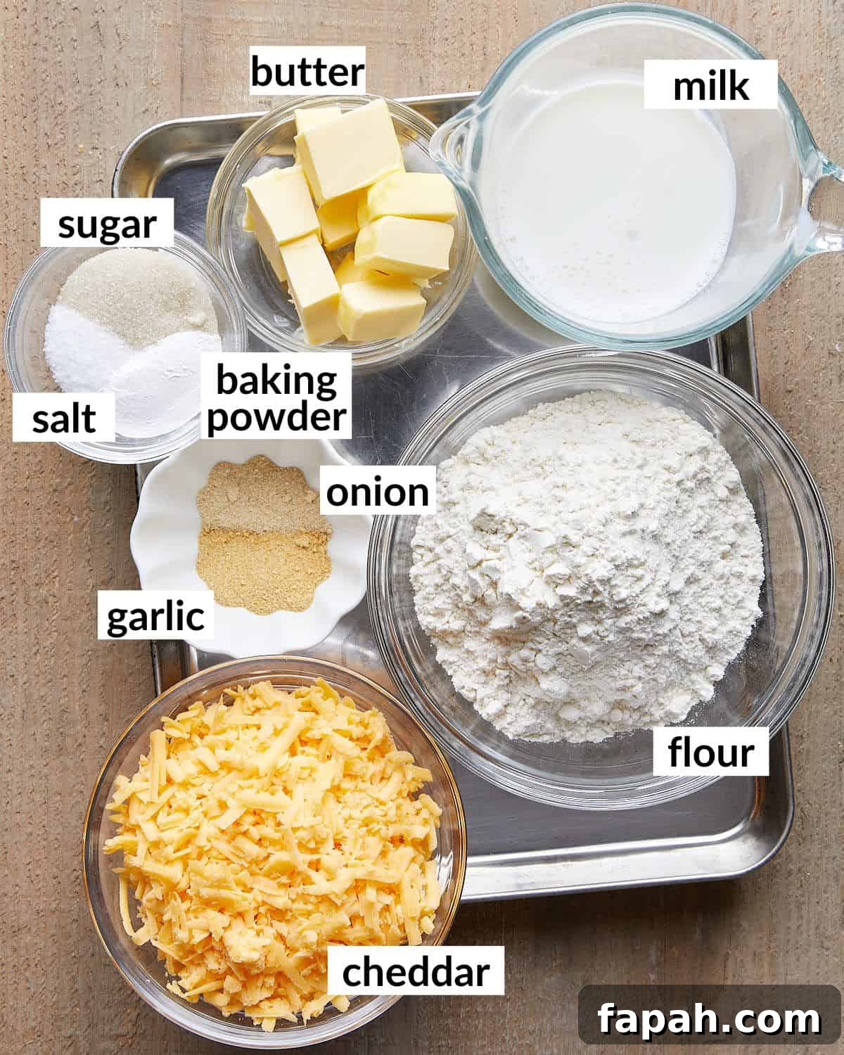 Overhead image of ingredients needed to make the cheddar biscuits for chicken pot pie. 