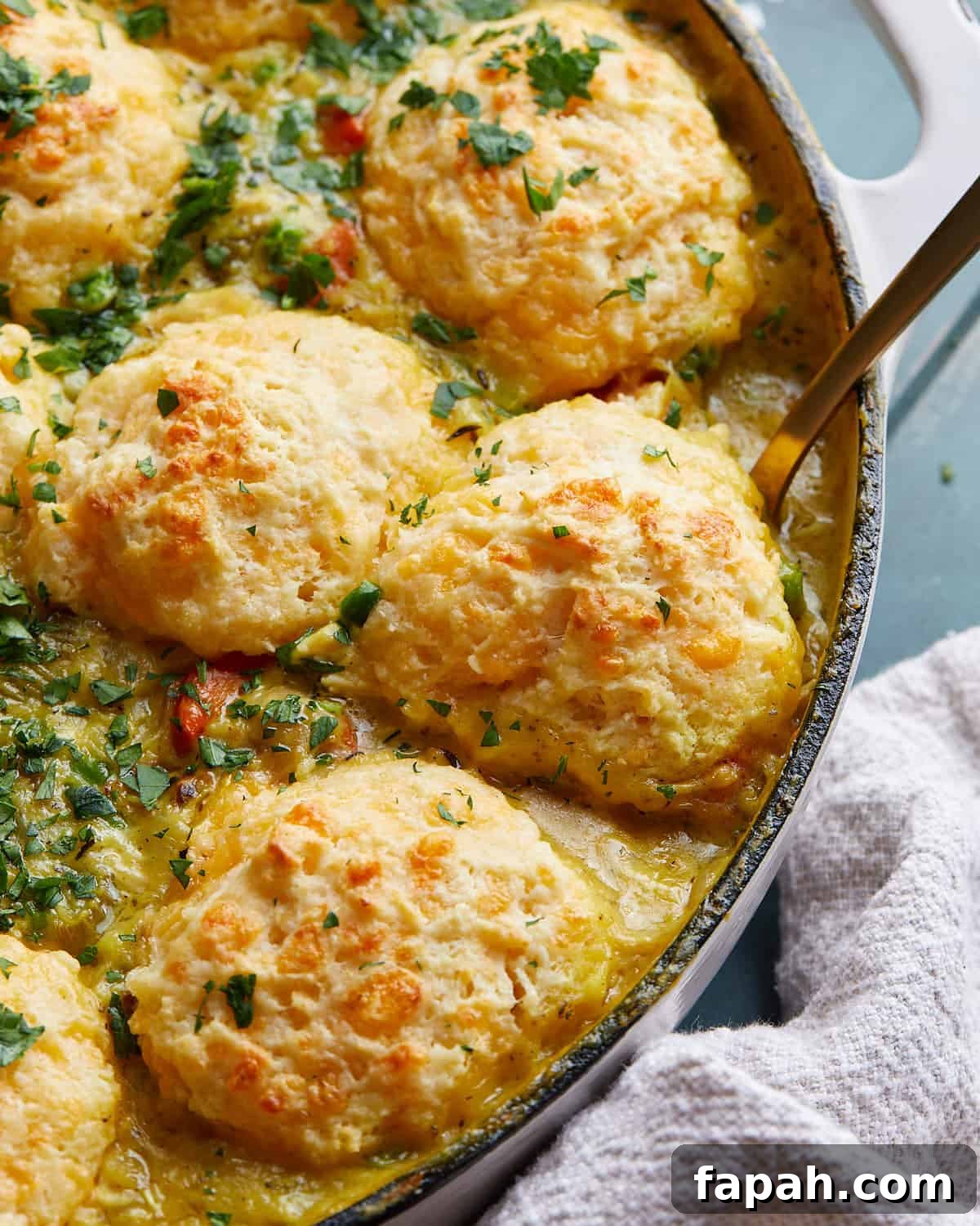 Up close photo of chicken pot pie with cheddar biscuit topping. 