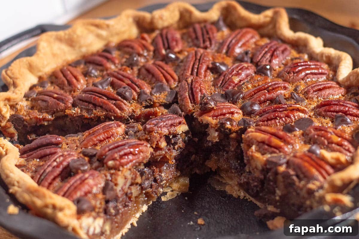 Chocolate Chip and Pecan Pie Recipe: Chocolate-Pecan Pie Guide 11 Close-up of pecan pie with chocolate chips recipe, showing melted chocolate and crunchy pecans in buttery crust.