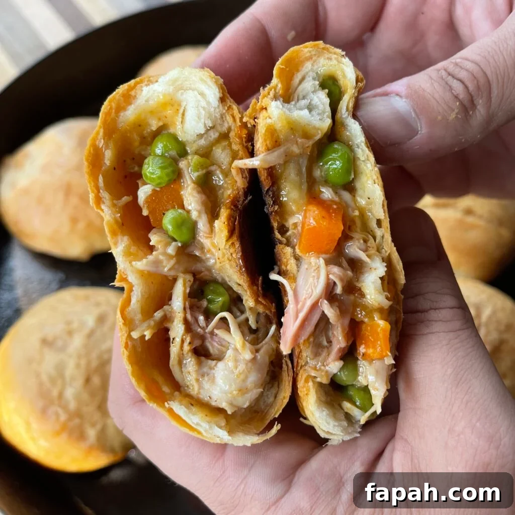 Cheesy Chicken Pot Pie Biscuit Recipe for Comfort Dinner 2 chicken pot pie biscuit cut in half.