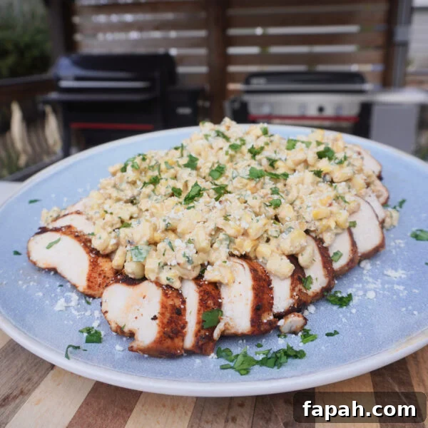 Cheesy Chicken Pot Pie Biscuit Recipe for Comfort Dinner 8 Mexican Street Corn Grilled Chicken plated and sliced.